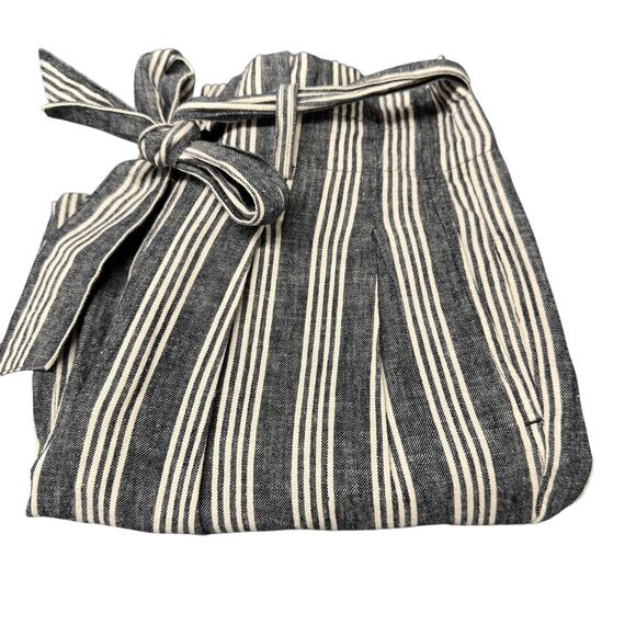 Madewell Pants - Madewell Paperbag Pants Womens 4 Blue Linen Cotton Stripe Belted Coastal Crop